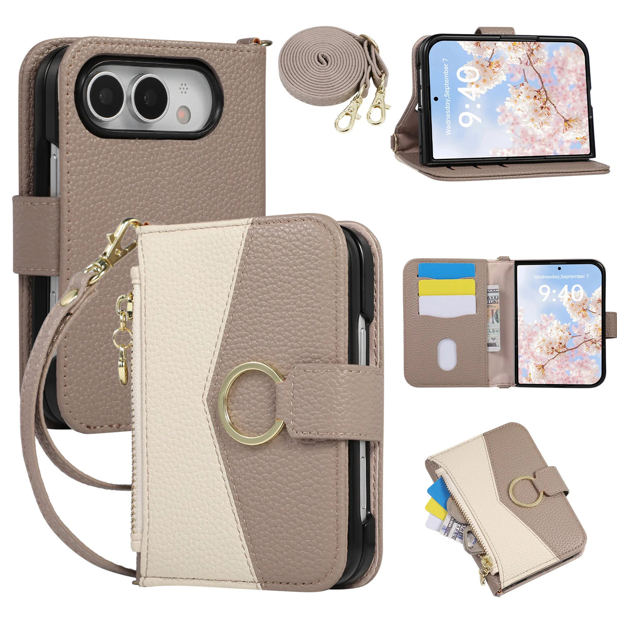 Quilted Leather Crossbody Wallet Case with Detachable Long Strap for iPhone Duo
