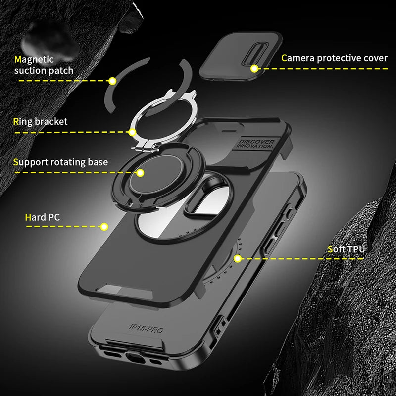iPhone 16 Series TPU + PC Bumper Case with 360° Rotating Hidden Metal Ring
