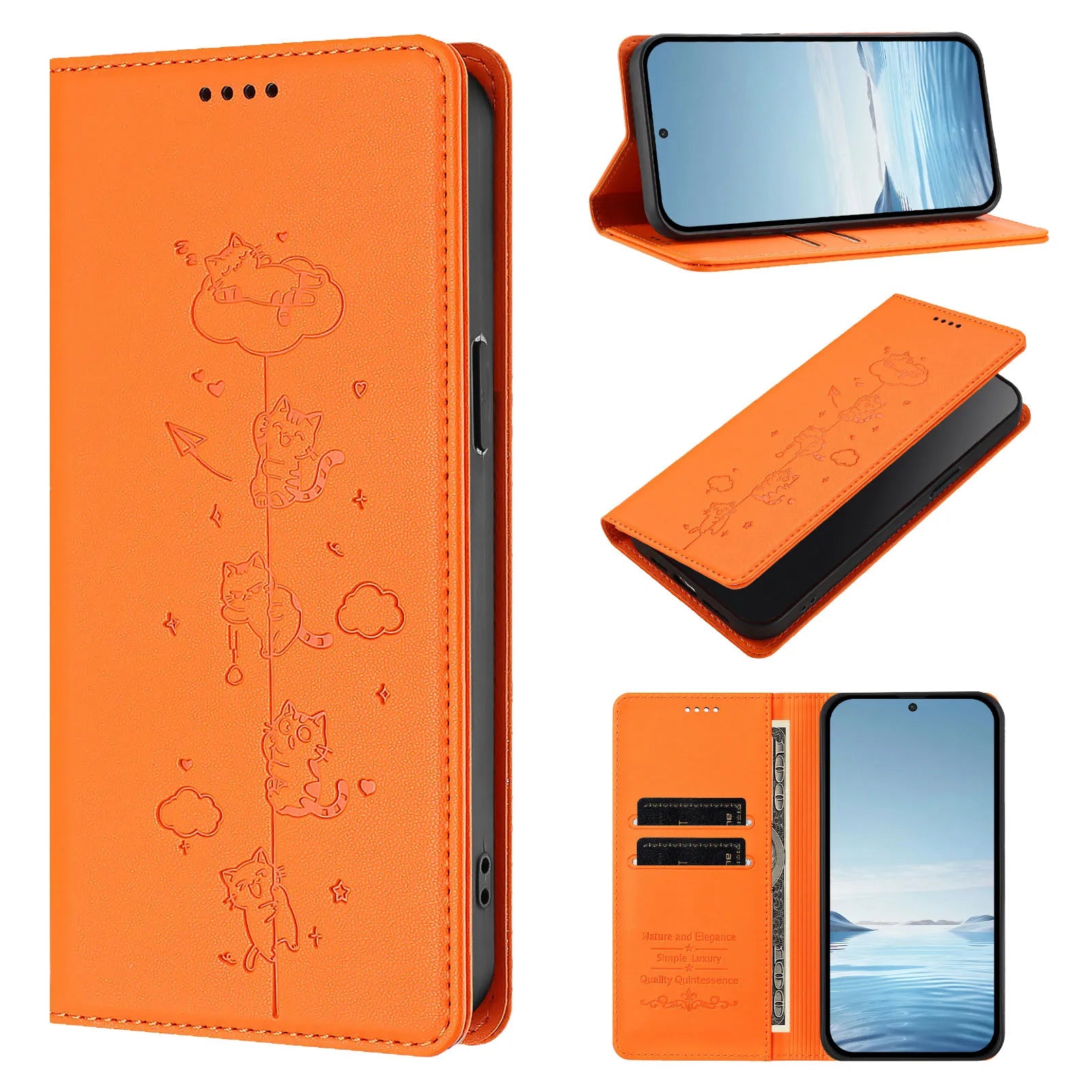 Embossed Cute Cat Flip Wallet Leather Case for iPhone 17 Series