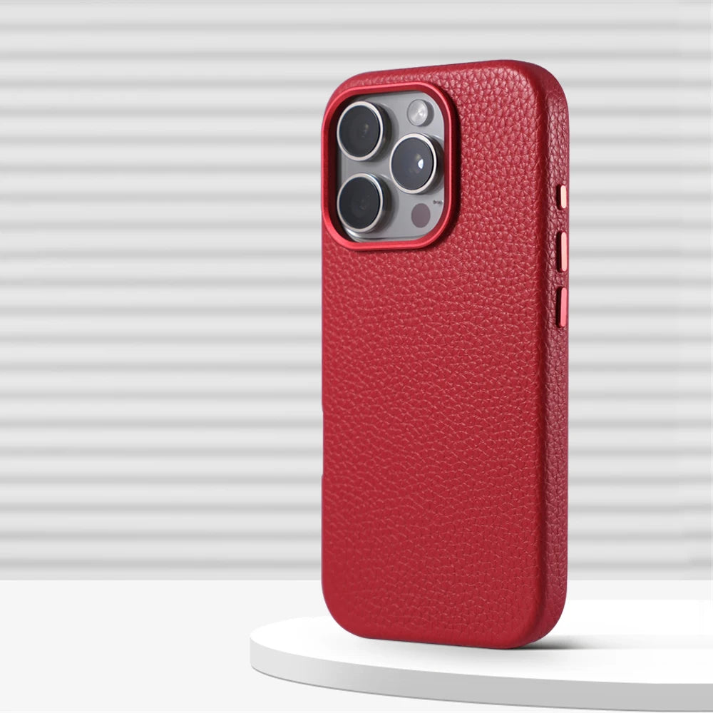 Solid Color Litchi Grain PU Leather MagSafe Case for iPhone 16 Series