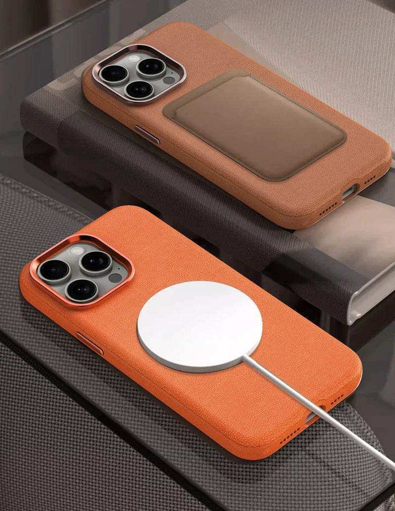 Luxury Magnetic Plain Leather Case with Wireless Charging Support for iPhone 15 Series
