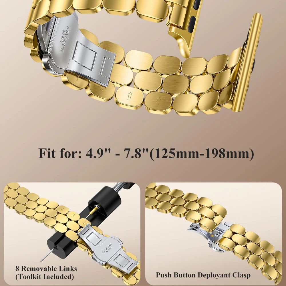 Three-Row Link Bracelet with Push-Button Clasp for Apple Watch