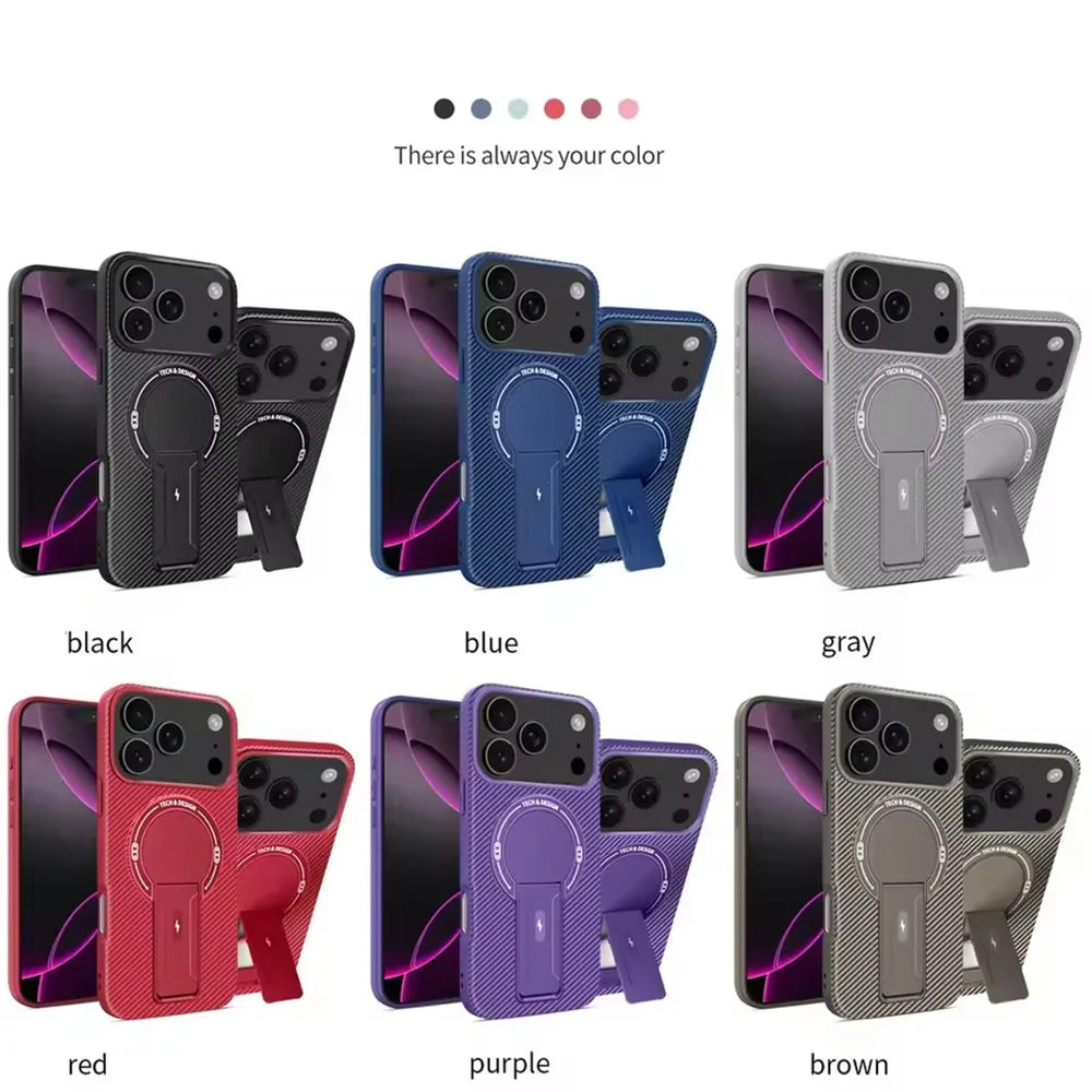 Military-Grade Luxury Carbon Fiber Pattern MagSafe Case with Foldable Stand for iPhone 17 Series