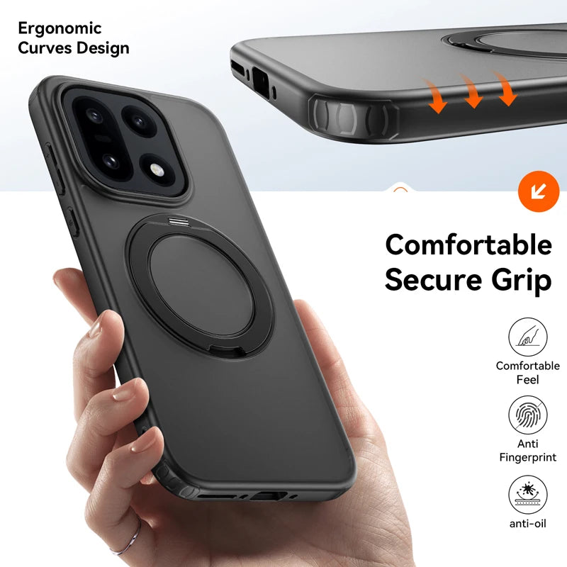 OnePlus 15 Shockproof Magnetic Matte Case with Rotating Metal Ring Holder