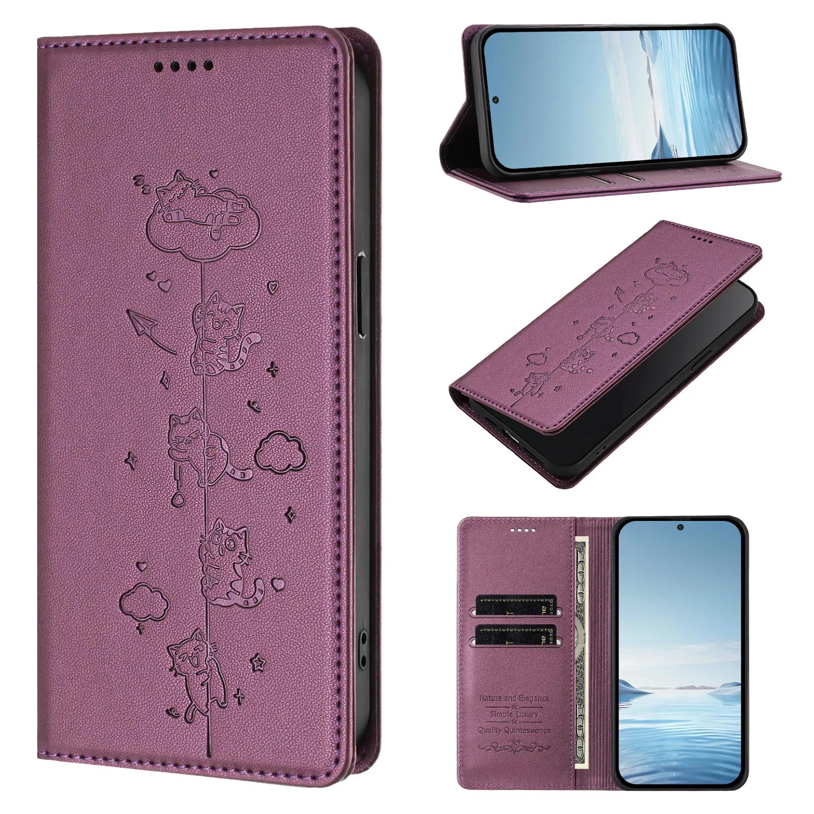 Embossed Cute Cat Flip Wallet Leather Case for iPhone 17 Series