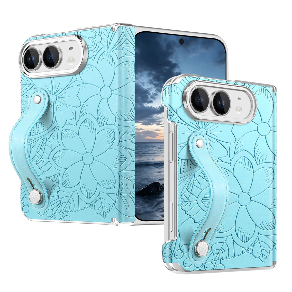 Embossed Floral Leather Case with Wrist Strap and Hinge Protection for iPhone Duo