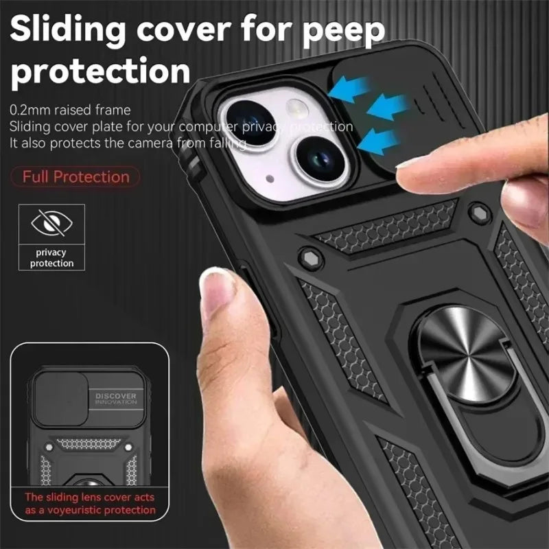 Military-Grade Armor Case with Rotating Ring Stand & Slide Camera Lens for iPhone 15 Series