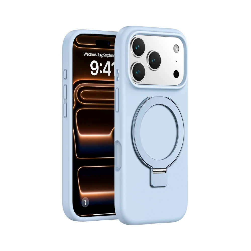 Matte Liquid Silicone Magnetic Case with Rotating Ring Holder for iPhone 17 Series