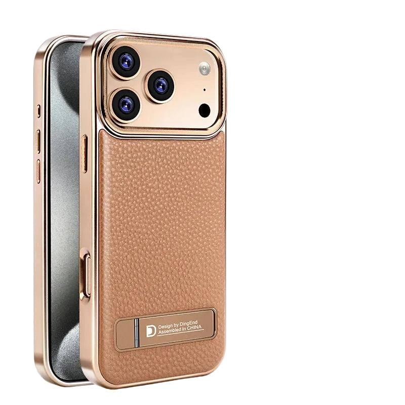 Premium Electroplated Leather Magsafe Case with Foldable Stand for iPhone 17 Series