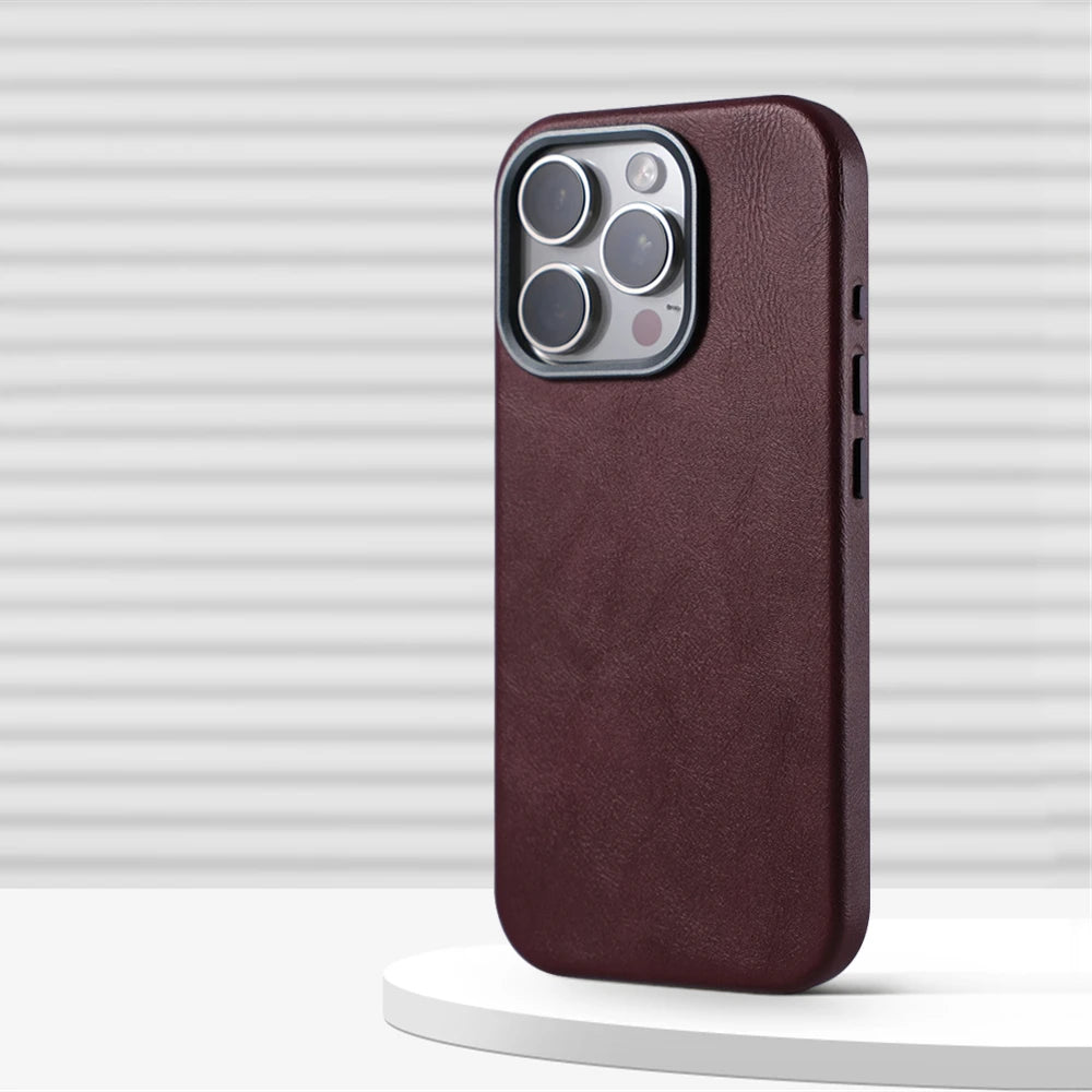 Luxury Business Retro Leather MagSafe Case with Alloy Lens for iPhone 16 Series