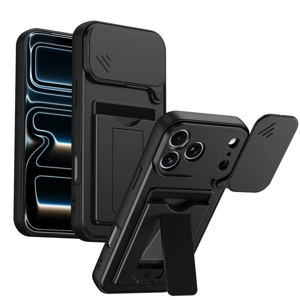 Dual-Layer Sliding Card Holder Kickstand Case with Lens Protection for iPhone 18 Series