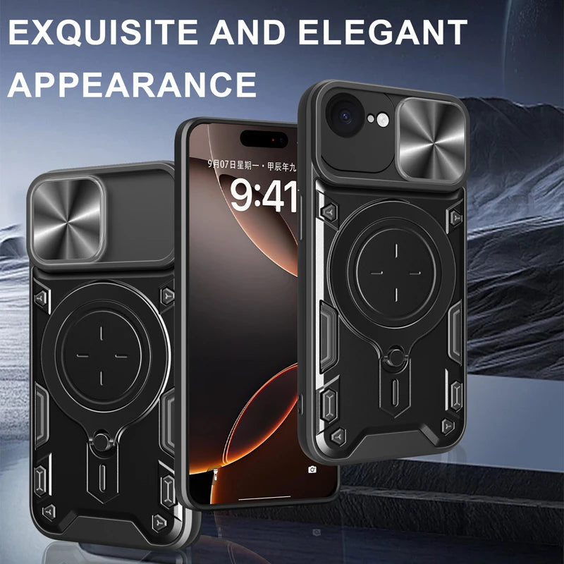 iPhone 16e Protective Magnetic Case with 360° Rotating Ring Stand