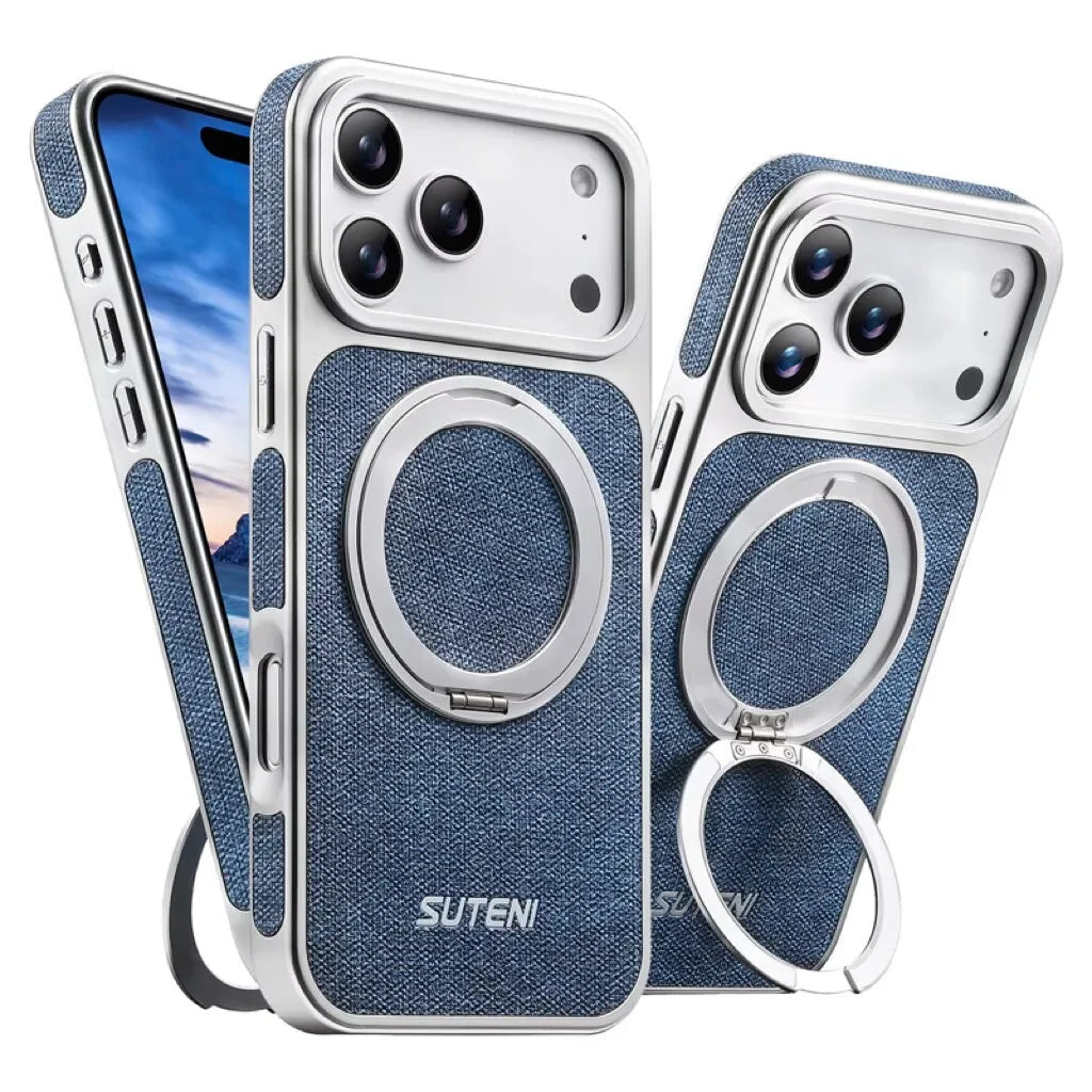 Denim Pattern PU Leather MagSafe Case with 360° Rotating Ring Stand for iPhone 17 Series