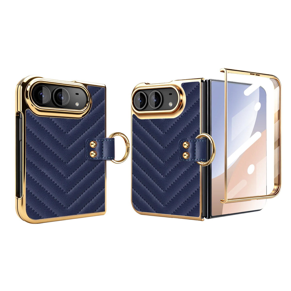 Chevron Quilted Leather Case with Ring Holder and Screen Protector for iPhone Duo