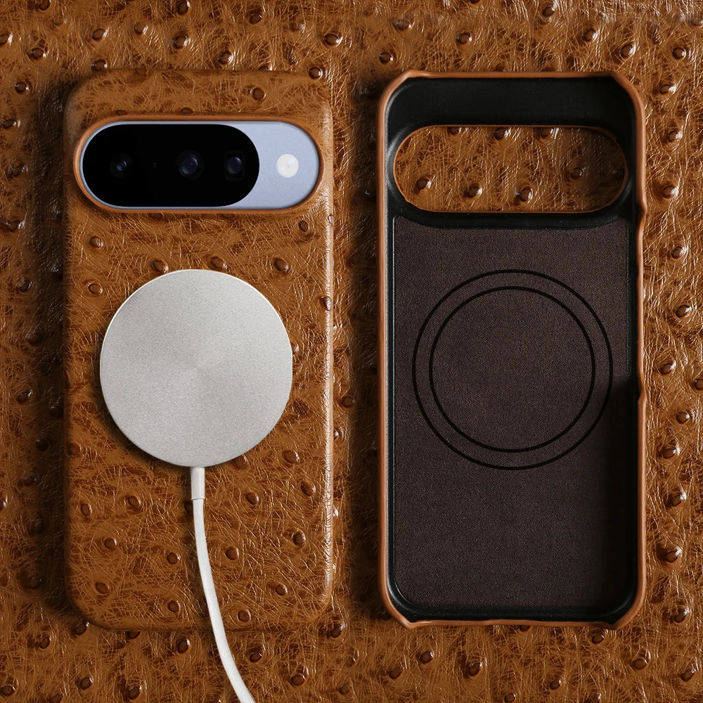 Genuine Ostrich Leather Magnetic Case with Raised Camera Ring for Google Pixel 10 Series