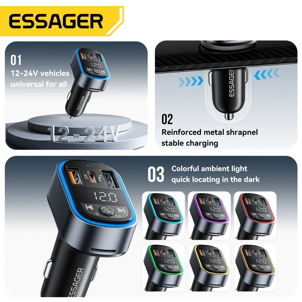 Essager Bluetooth 5.3 FM Car Transmitter with Dual Port Fast Charger