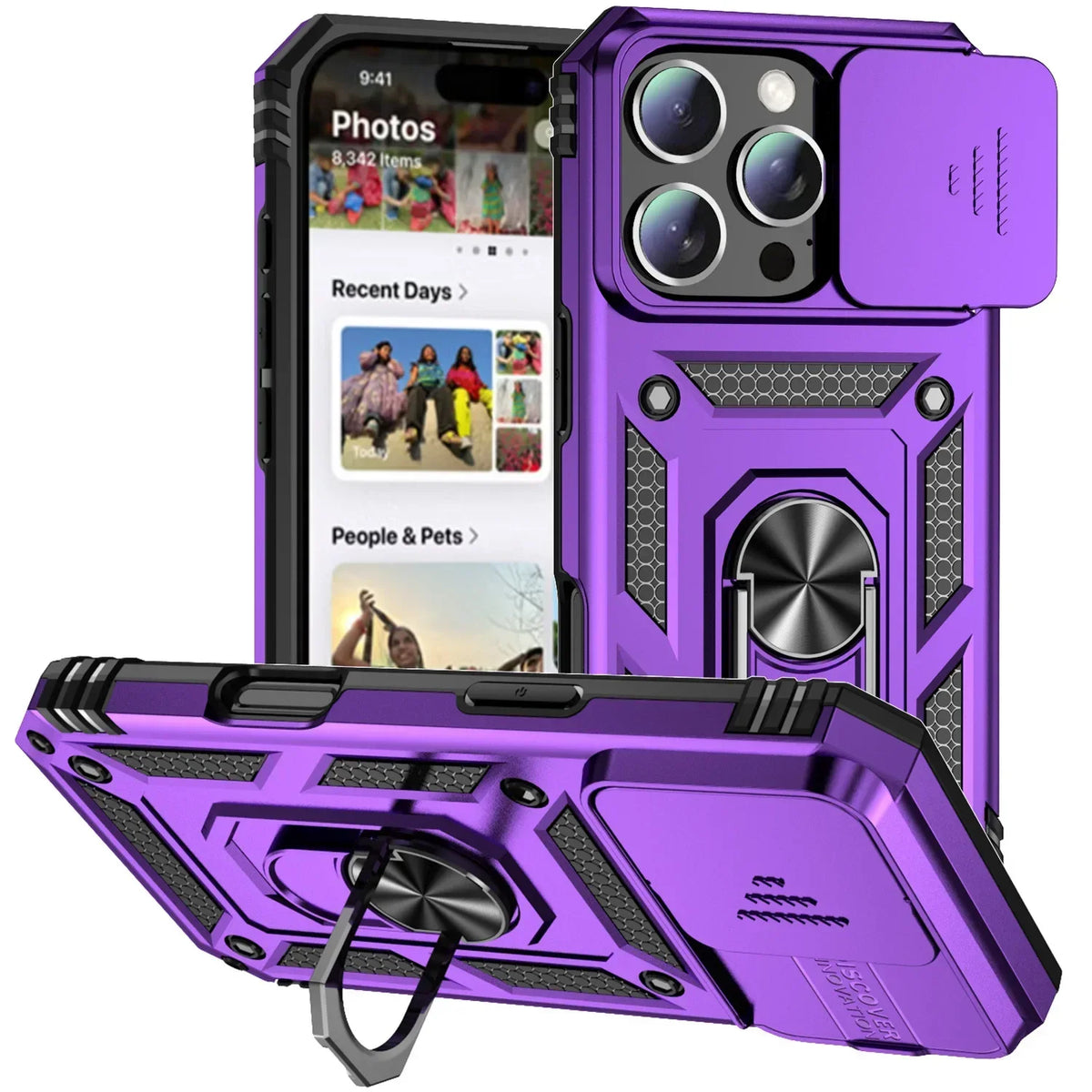 Military-Grade Armor Case with Rotating Ring Stand & Slide Camera Lens for iPhone 16 Series