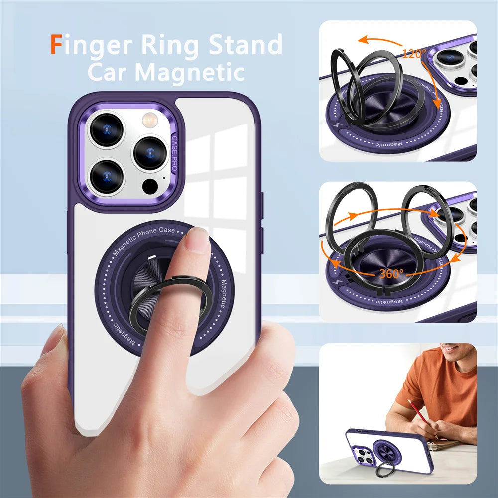 Crystal Clear Magnetic Case with Ring Stand for iPhone 15 Series