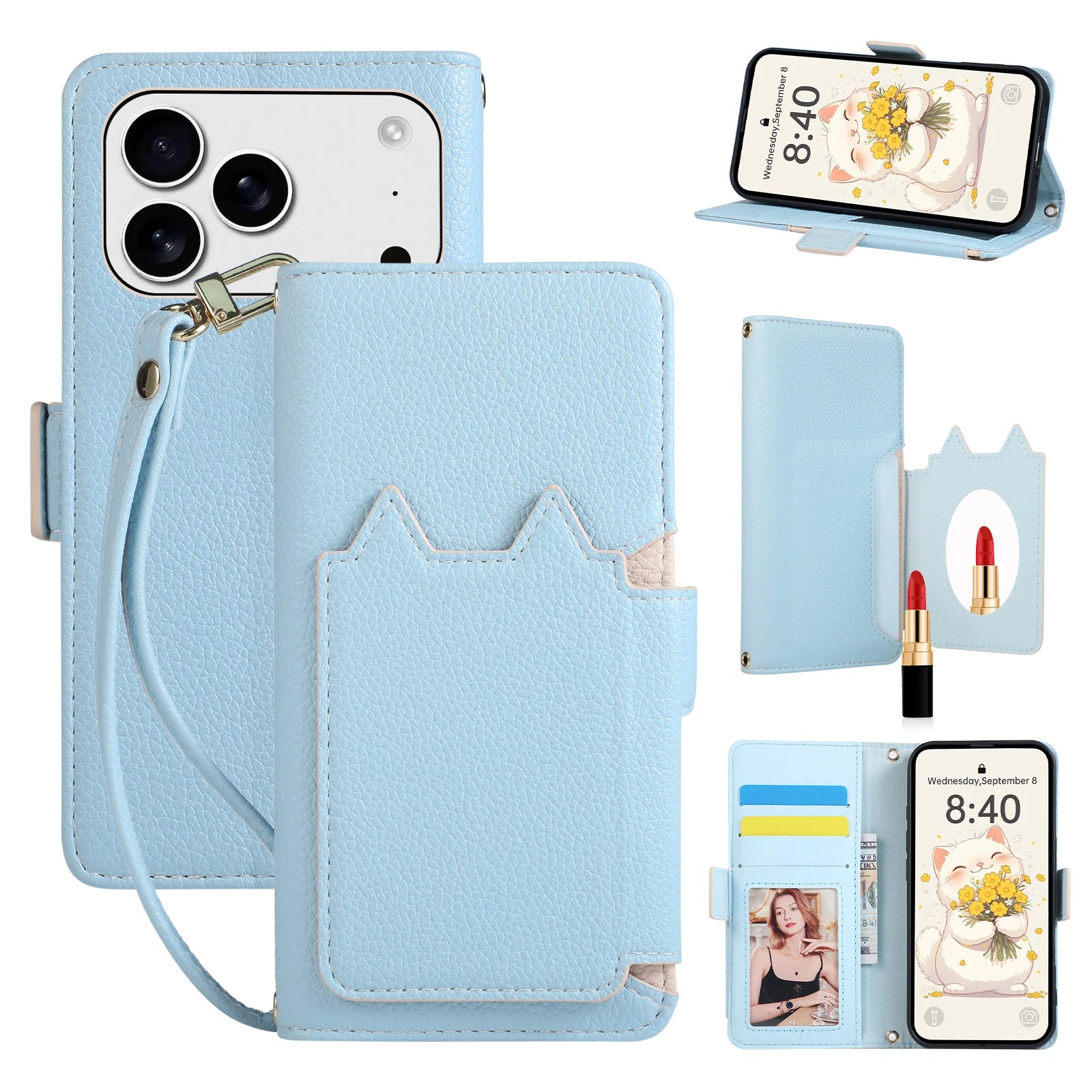 Leather Folio Wallet Case with Strap and Mirror for iPhone 17 Series