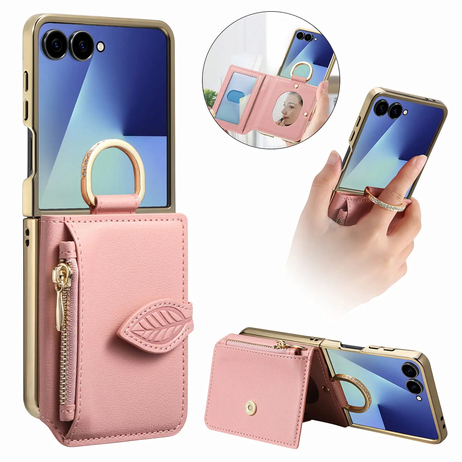 Samsung Z Flip 7 Shockproof Leather Case with Card Slots and Mirror