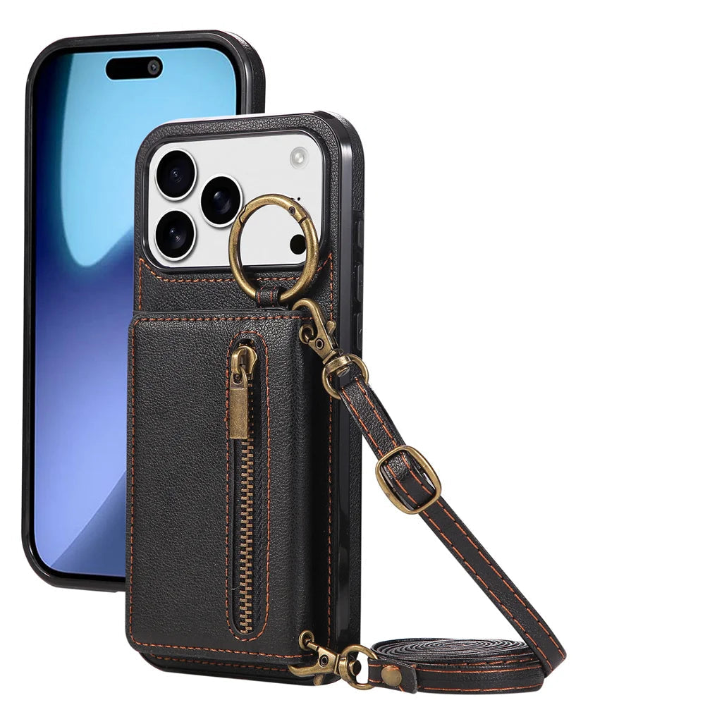 Multi-Functional Crossbody Leather Wallet Case with Ring Holder & Zipper for iPhone 17 Series