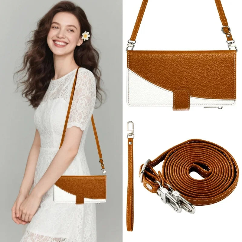 Leather Flip Crossbody Case with Multi-Card Zipper Wallet & Lanyard for iPhone 16 Series