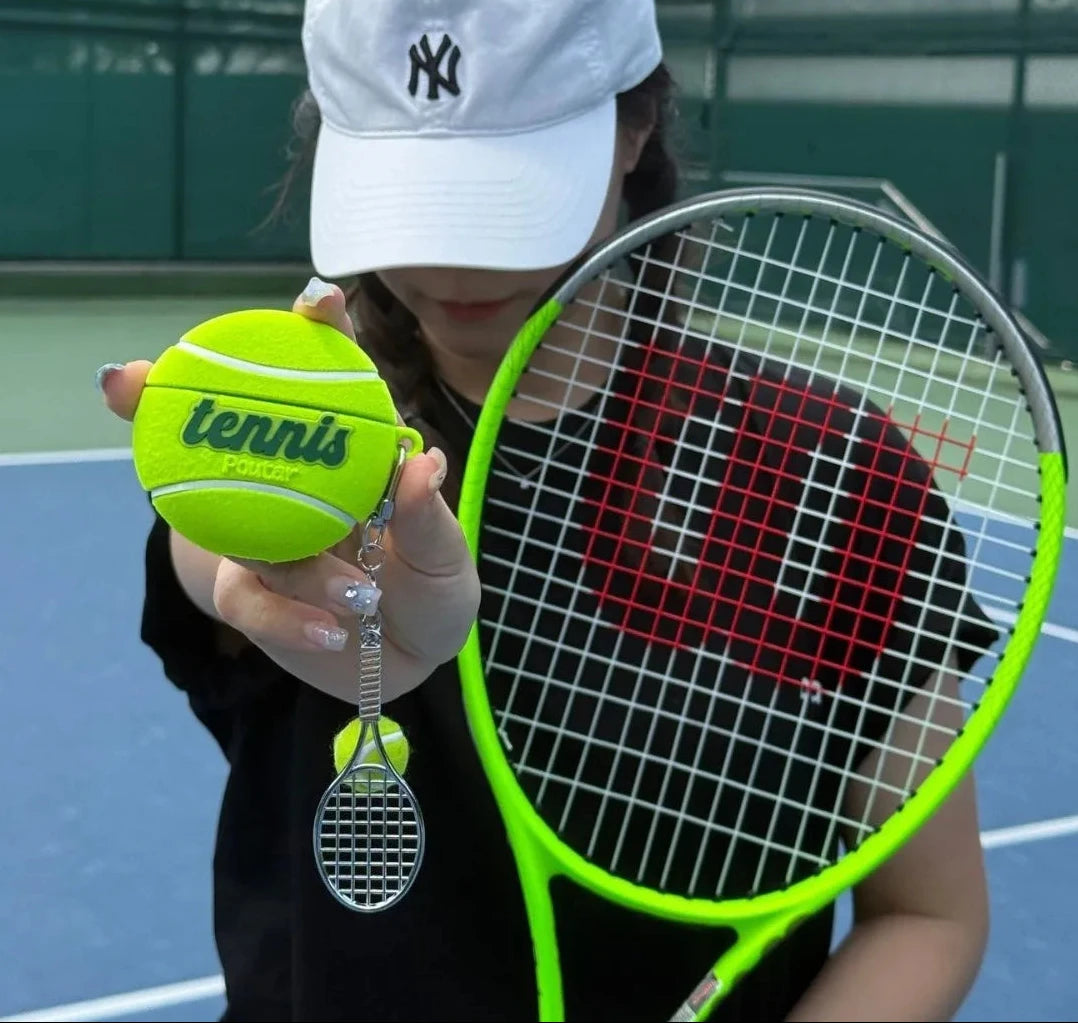 Tennis Ball-Shaped Flocking Case with Racket Pendant Charm for AirPods Pro 3