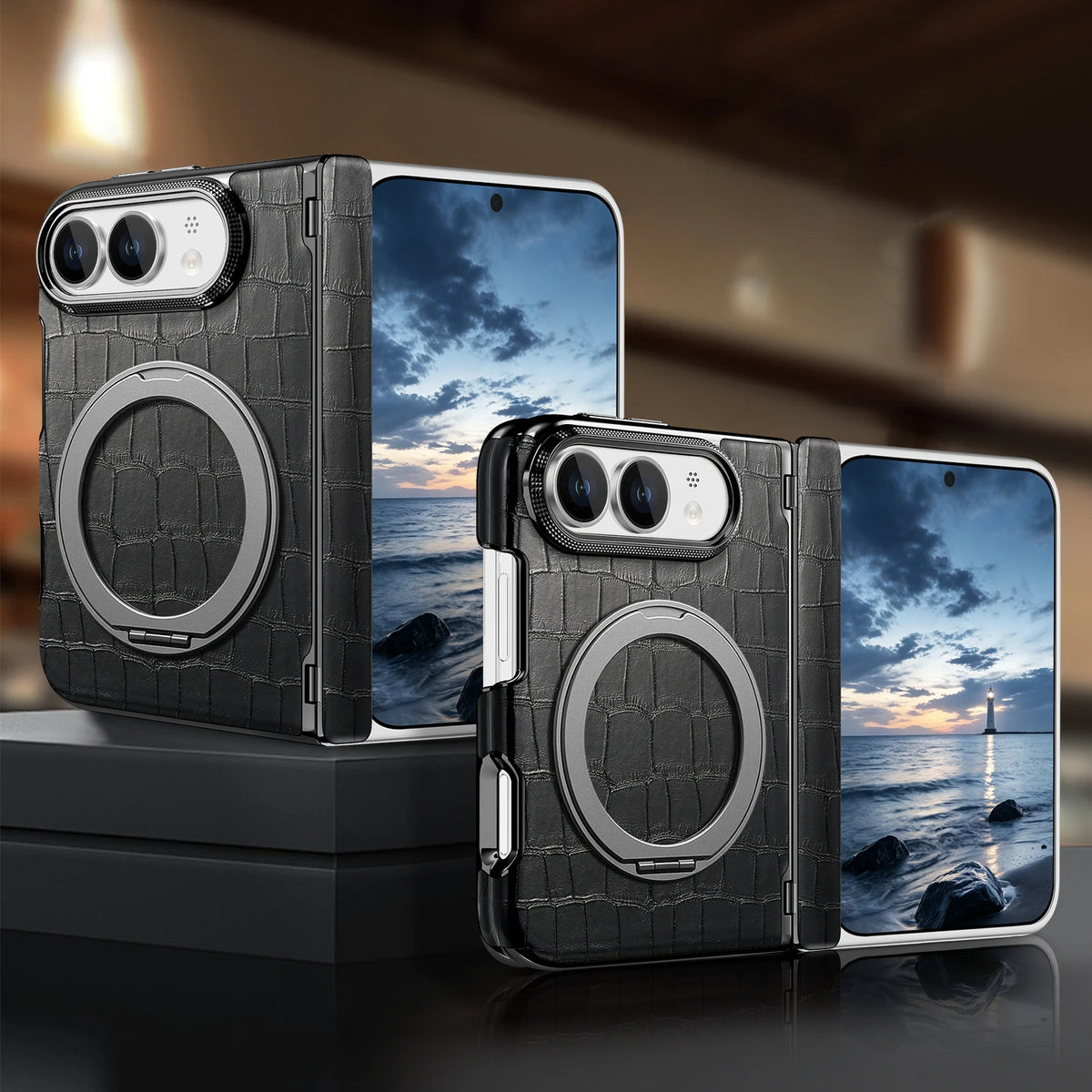 Crocodile-Pattern Leather MagSafe Case with 360° Rotating Ring Stand for iPhone Duo