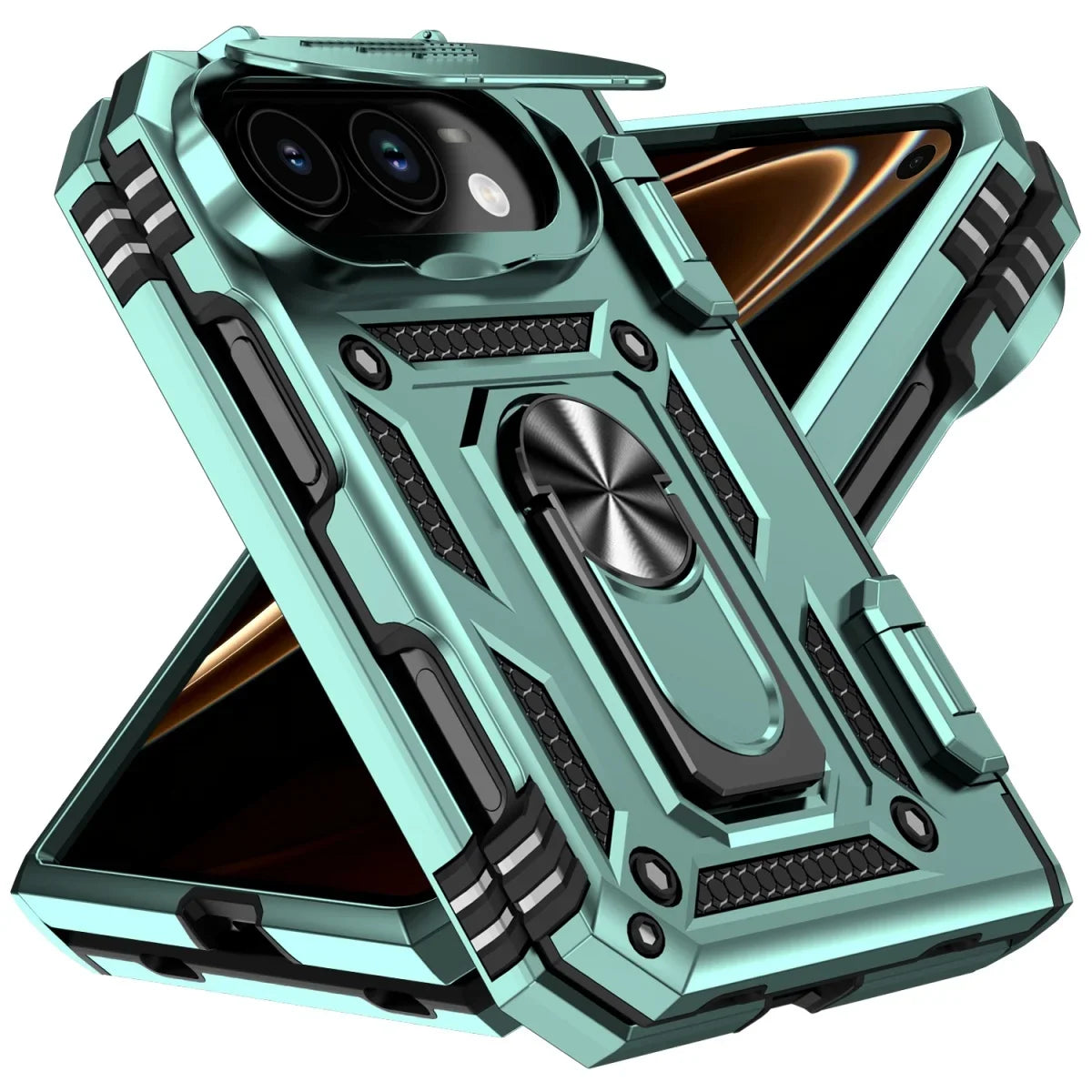 Military-Grade Case with Flip Camera Cover and Rotating Ring Stand for iPhone Duo