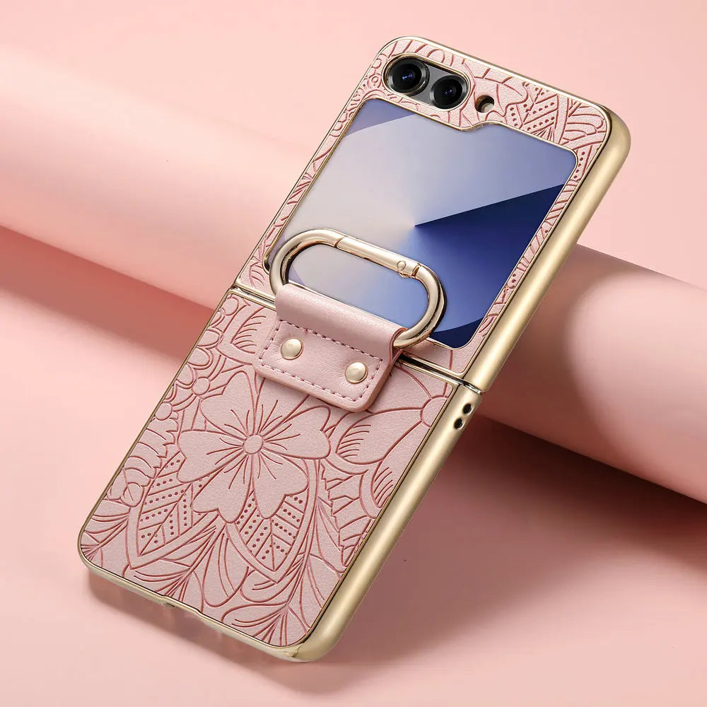 Embossed Leather Protective Case with Ring Stand for Samsung Galaxy Z Flip 6