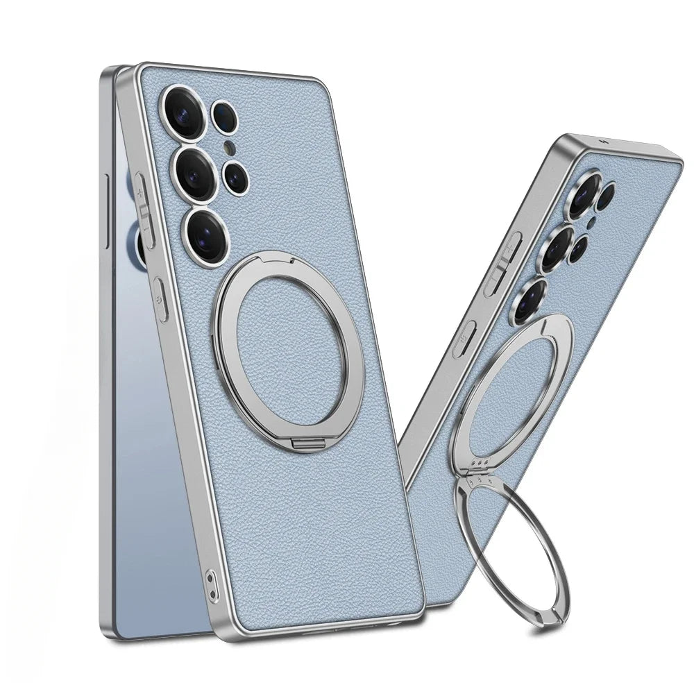 Electroplate Leather Shockproof Magnetic Case with Rotating Ring Bracket for Samsung Galaxy S25 Ultra