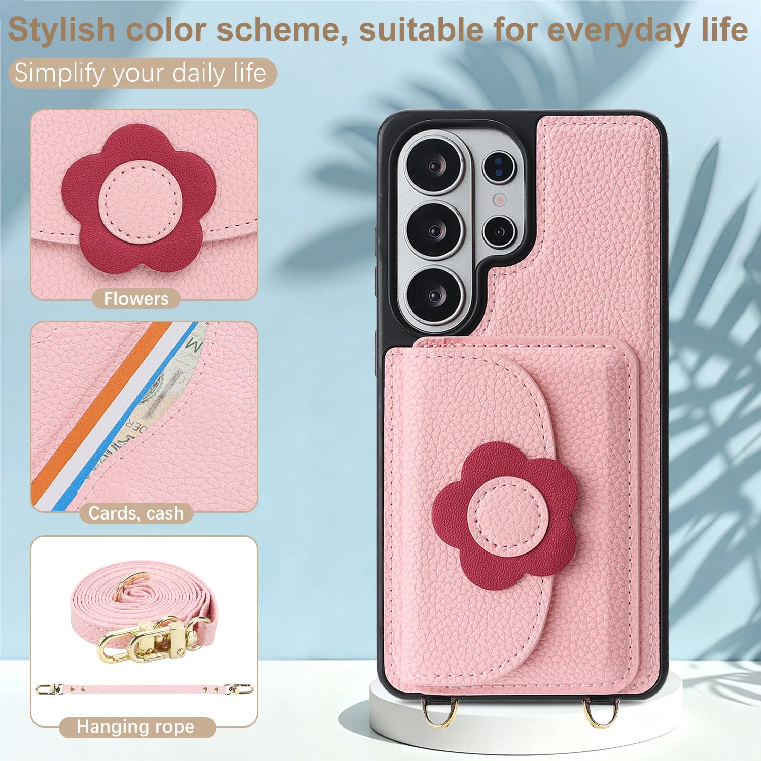 Pebbled Leather Crossbody Strap Case with Card Holder Pocket for Samsung Galaxy S25 Series