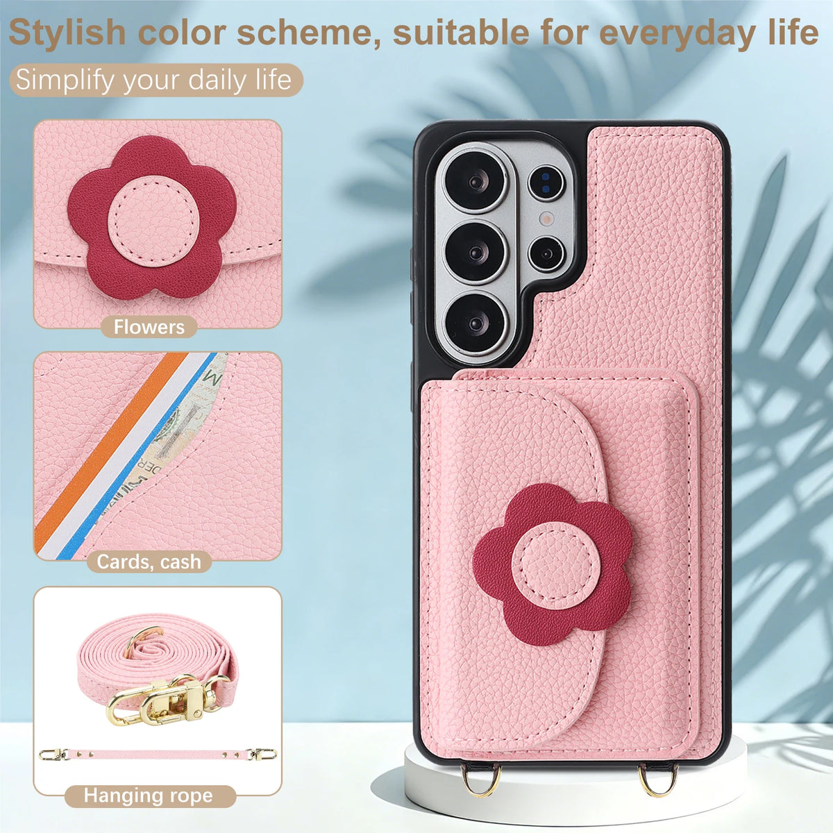 Pebbled Leather Crossbody Lanyard Case with Rotatable Flower Grip Stand for Samsung Galaxy S24 Series