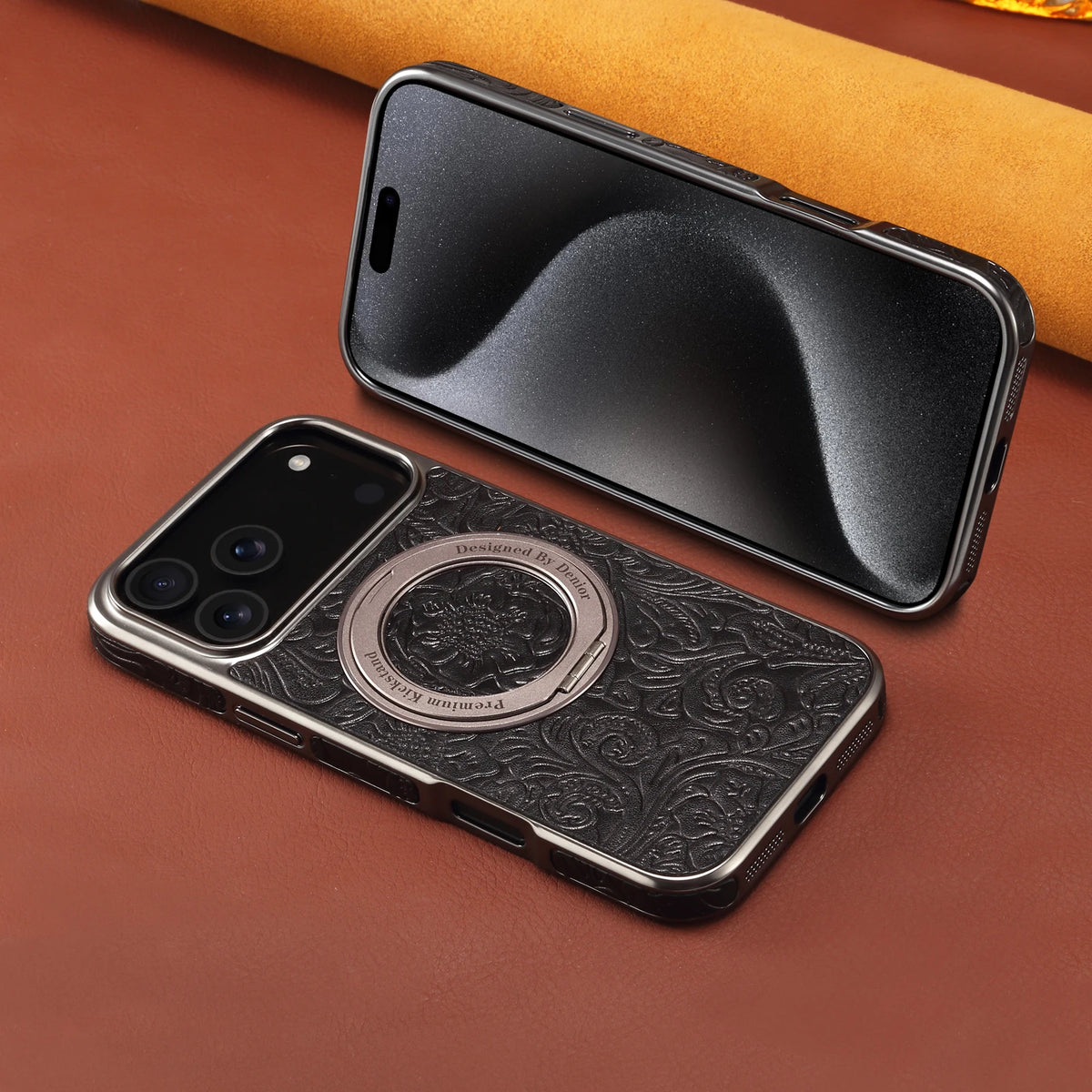 Retro Floral Cowhide Leather MagSafe Case with Rotating Stand for iPhone 17 Series