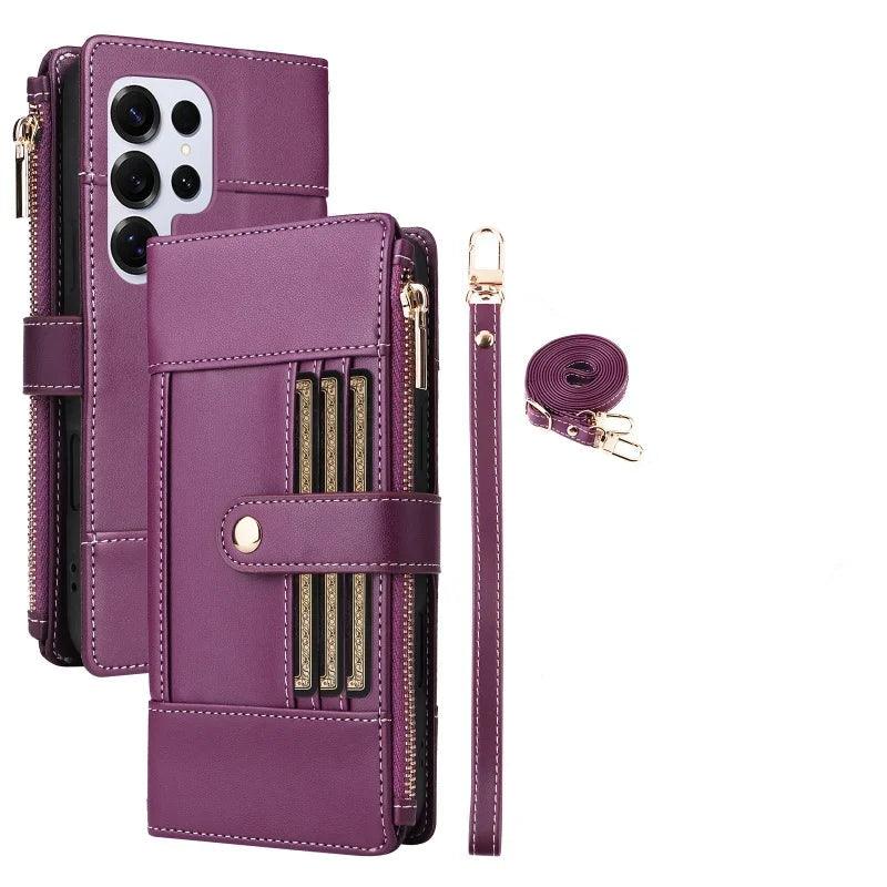 Samsung Galaxy S25 Series Leather Phone Case with Crossbody Strap and Zipper Wallet