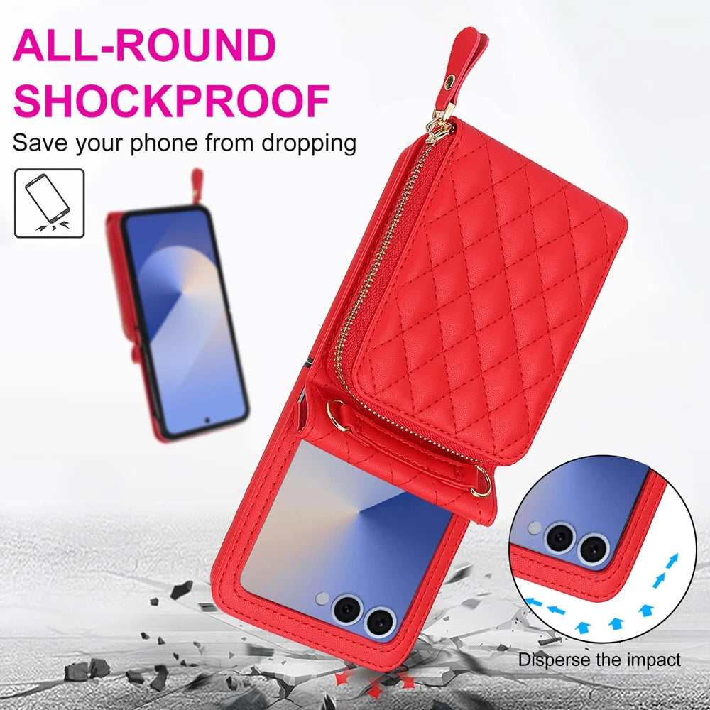 Shockproof Leather Crossbody Case with Lanyard and Wallet Pouch for Samsung Galaxy Z Flip 7