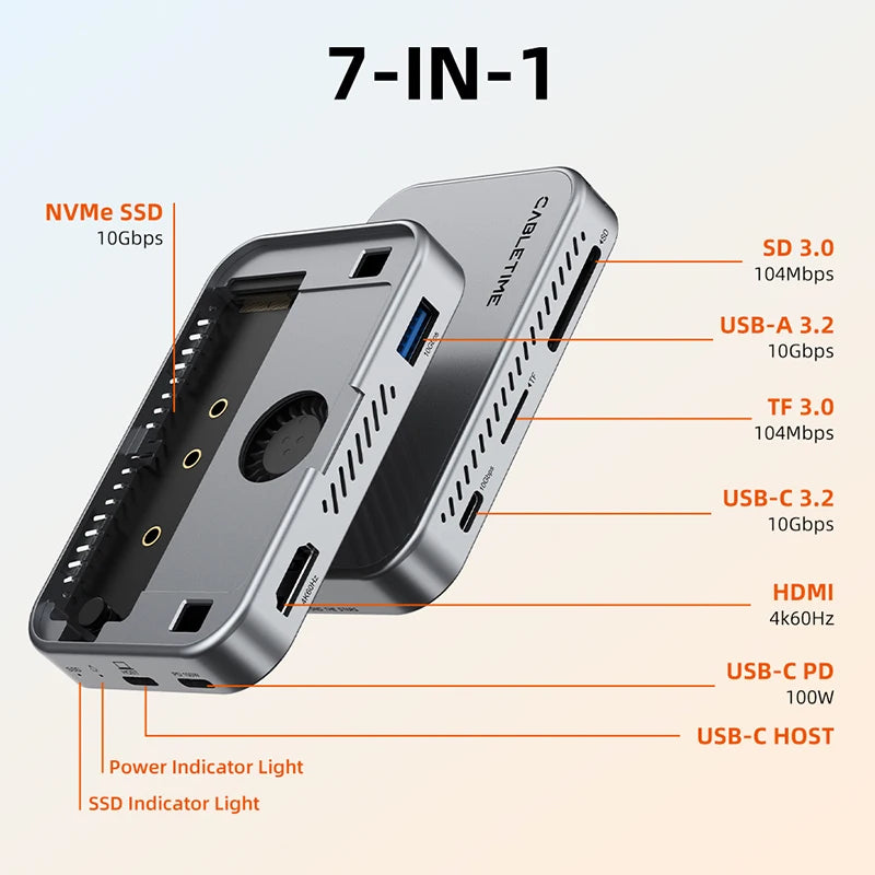 CABLETIME 7-in-1 USB-C Hub With Magnetic NVMe SSD