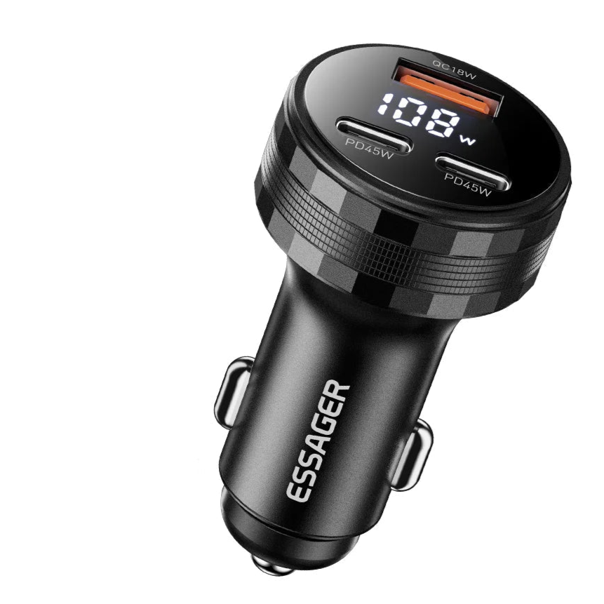 Black car charger with digital display and specifications on a white background