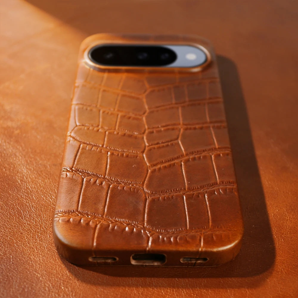Crocodile-Embossed Leather Camera Protection Case with Raised Lens Ring for Google Pixel 10 Series