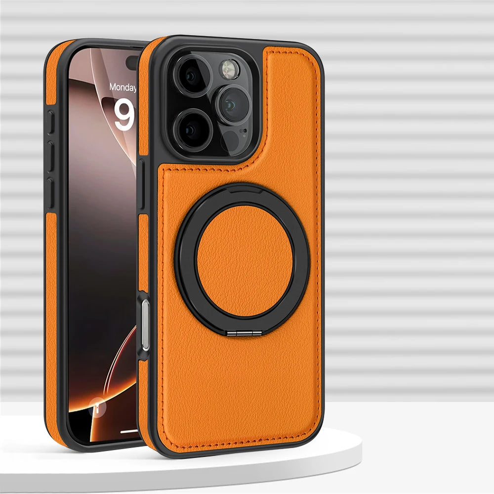 iPhone 16 Series PU Leather MagSafe Case with 360° Rotating Ring Holder