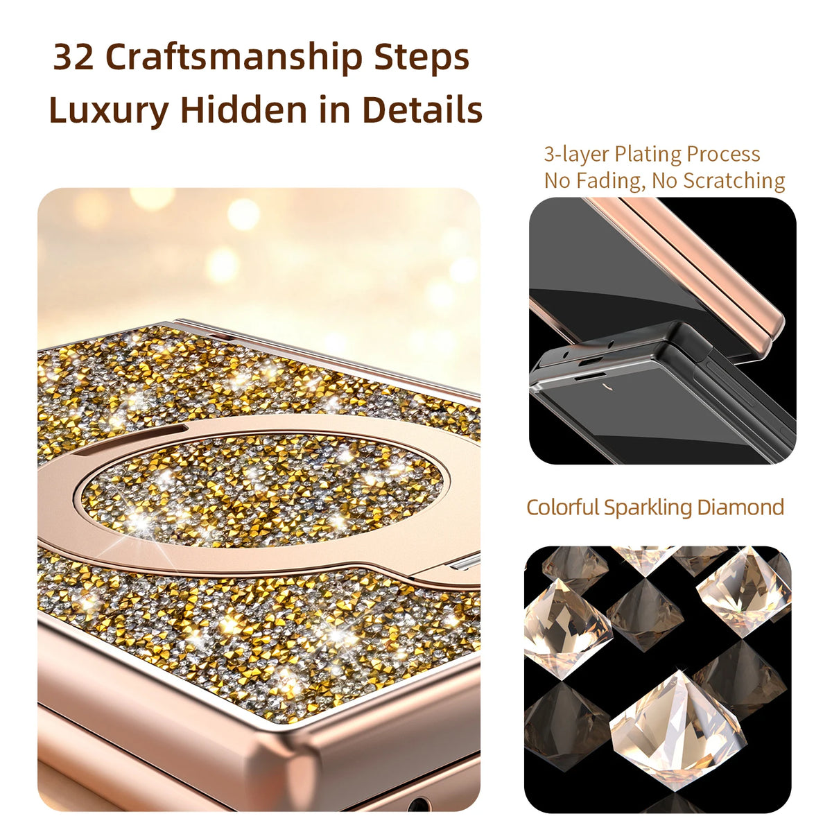 Glitter Case with Hinge Guard and Rotating Magnetic Ring Stand for Samsung Galaxy Z Fold 8