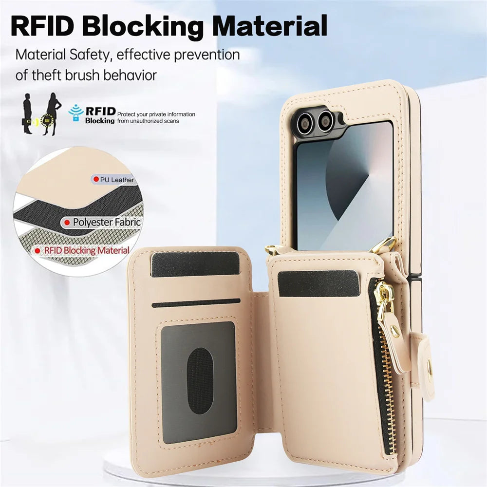 Premium Leather Crossbody Case with Card Holder & Wrist Strap for Samsung Galaxy Z Flip 6