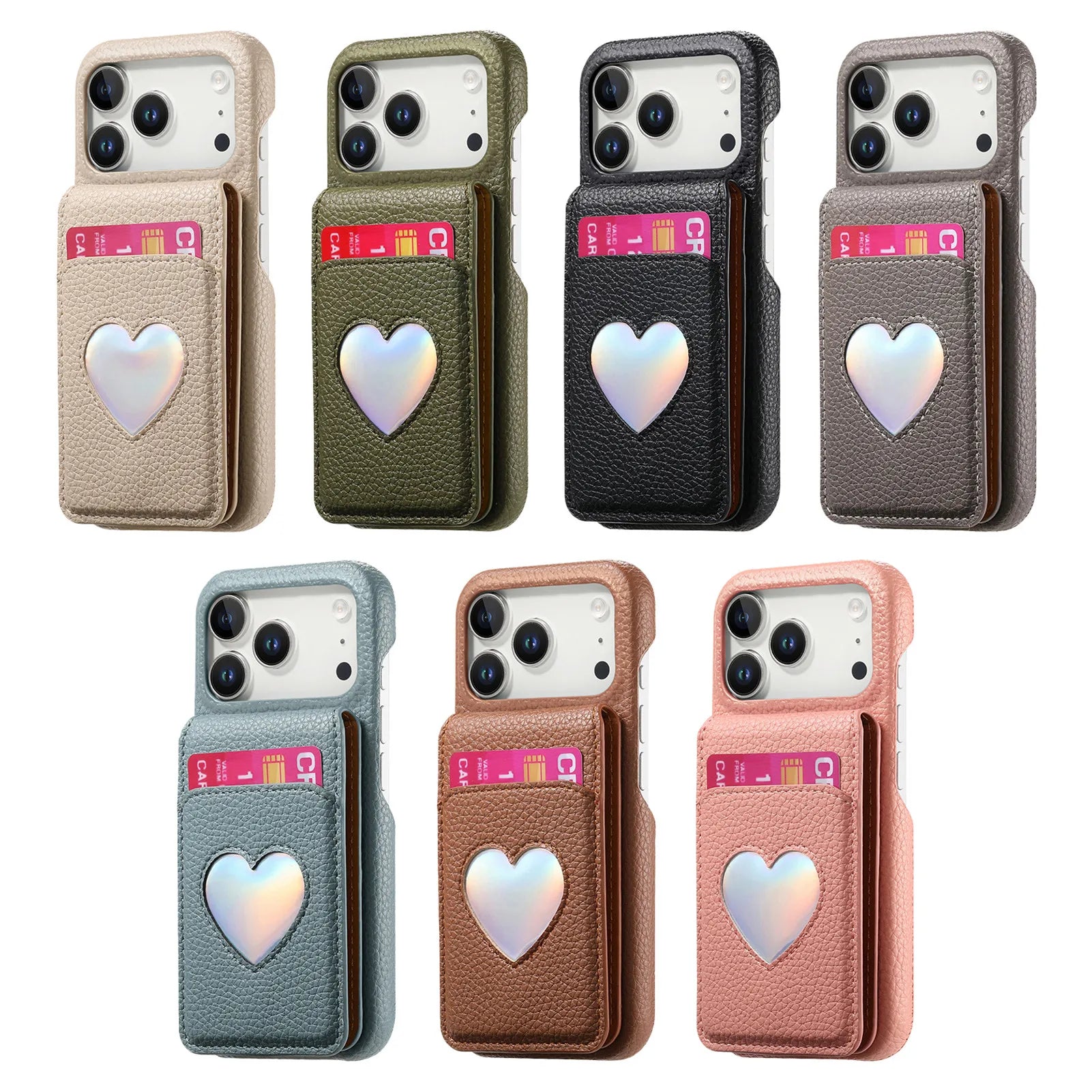 Lychee Pattern Love Heart Leather Wallet Case with Mirror & RFID Protection for iPhone 17 Series