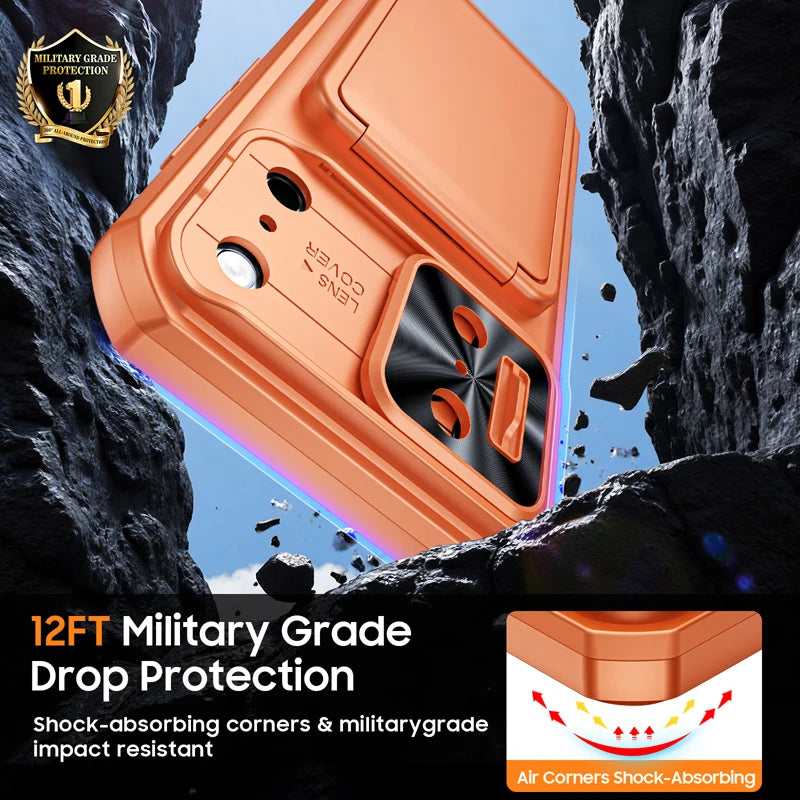 Shockproof PC+TPU Slide Camera Lens Protection Case with 3-Card Wallet for iPhone 18 Series
