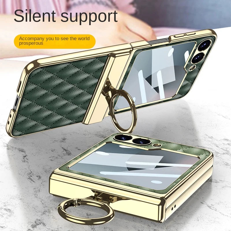 Electroplated PU Leather Case with Ring Holder for Samsung Galaxy Z Flip 6