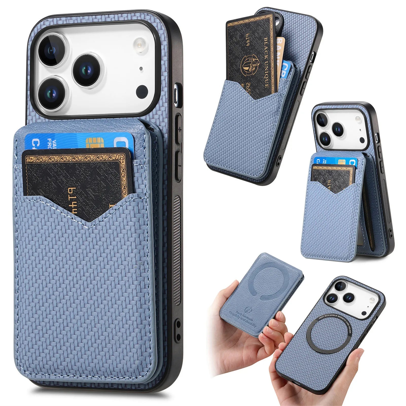2-in-1 Detachable Carbon Fiber Pattern MagSafe Case with Flip Card Holder for iPhone 17 Series