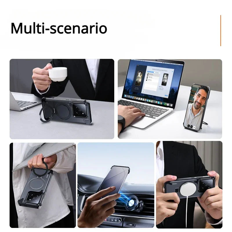 Metal Magnetic Frameless Phone Case with Stand for Xiaomi 14 and Xiaomi 14 Pro