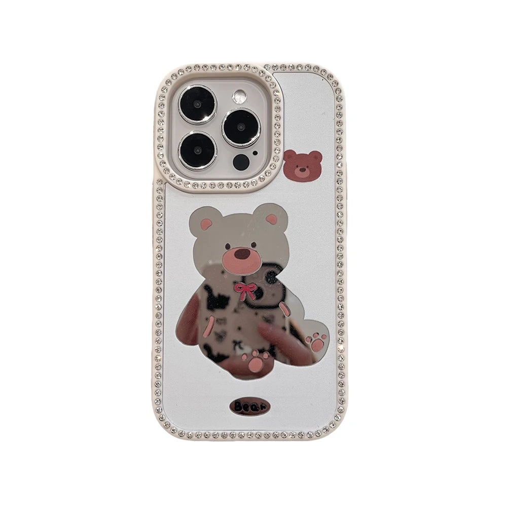 Diamond Glitter Mirror Case with Cartoon Animals for iPhone 16 Series