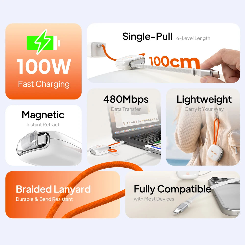 CABLETIME 100W Magnetic Retractable USB-C Cable