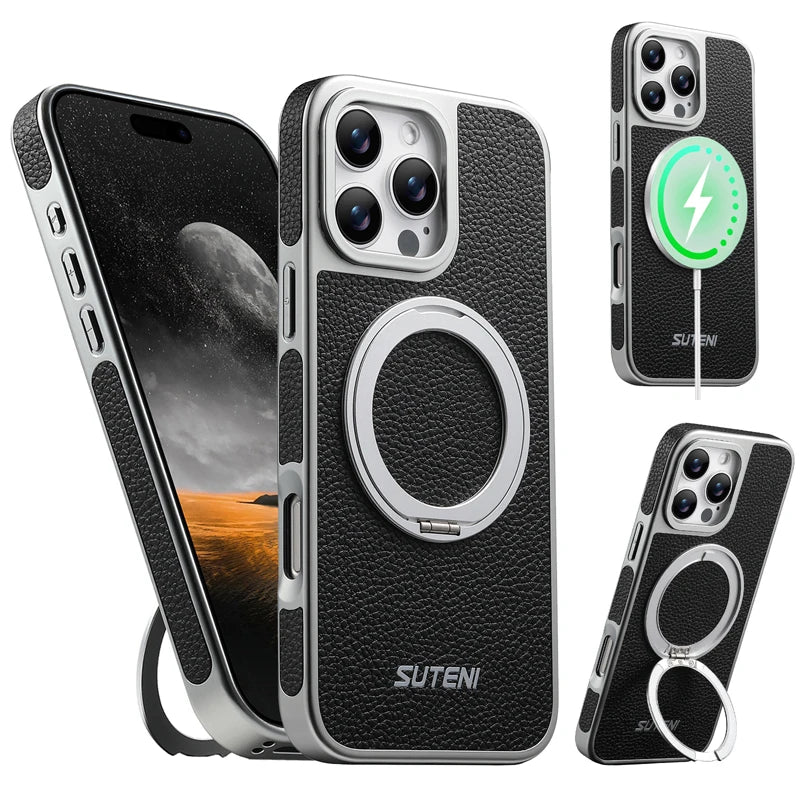 Textured Quilted MagSafe Case with 360° Rotatable Ring Stand for iPhone 17 Series